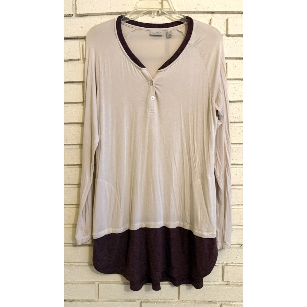 LOGO by Lori Goldstein Henley Knit Top with Shirttail Hem Size Medium Tan/Brown